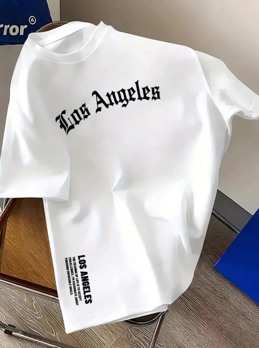 Camiseta Masculina Casual de Algodão com Estampa de Los Angeles Modelagem Regular para o Verão