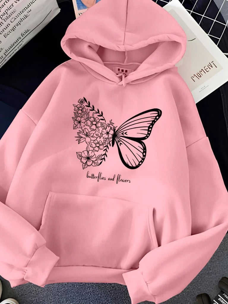 Moletom Blusa de Frio Butterflies and Flowers Bolso Canguru Cordão Capuz 5281