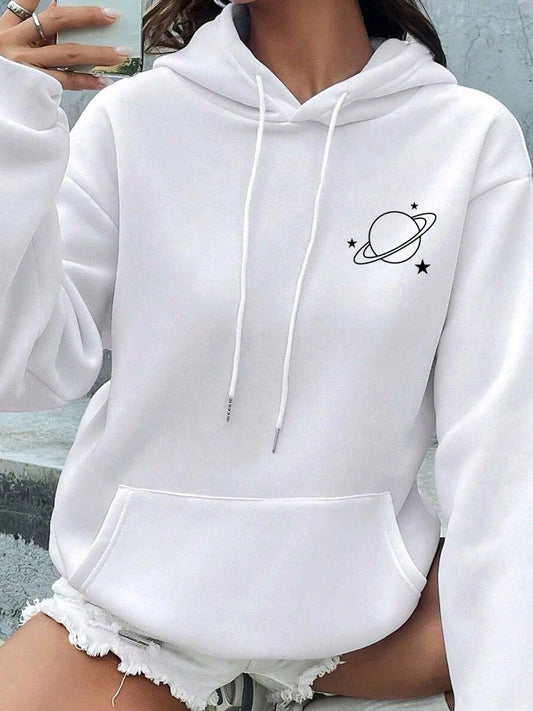 Moletom Feminino Blusa de Frio Casaco Estampado Planeta Moda Inverno Moletom Capuz Bolso Canguru