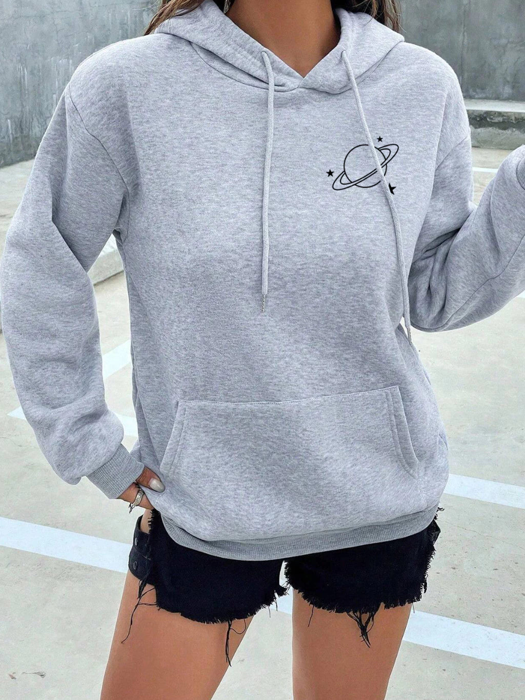 Moletom Feminino Blusa de Frio Casaco Estampado Planeta Moda Inverno Moletom Capuz Bolso Canguru