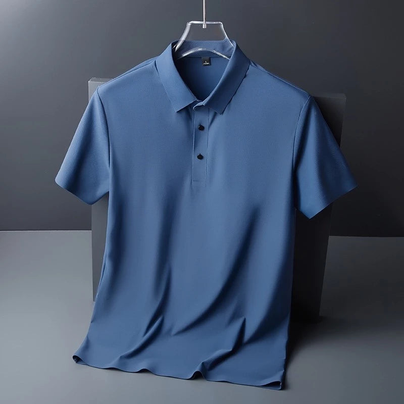 Camisa De Seda Para Homens De Negócios Leve Manga Curta Não-Iron High-End Casual POLO Sem Costura