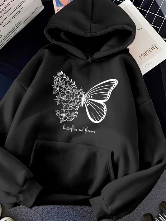 Moletom Blusa de Frio Butterflies and Flowers Bolso Canguru Cordão Capuz 5281