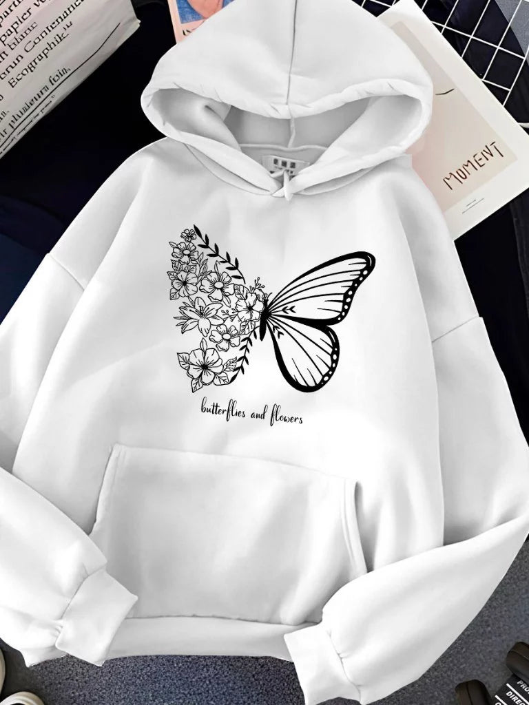 Moletom Blusa de Frio Butterflies and Flowers Bolso Canguru Cordão Capuz 5281