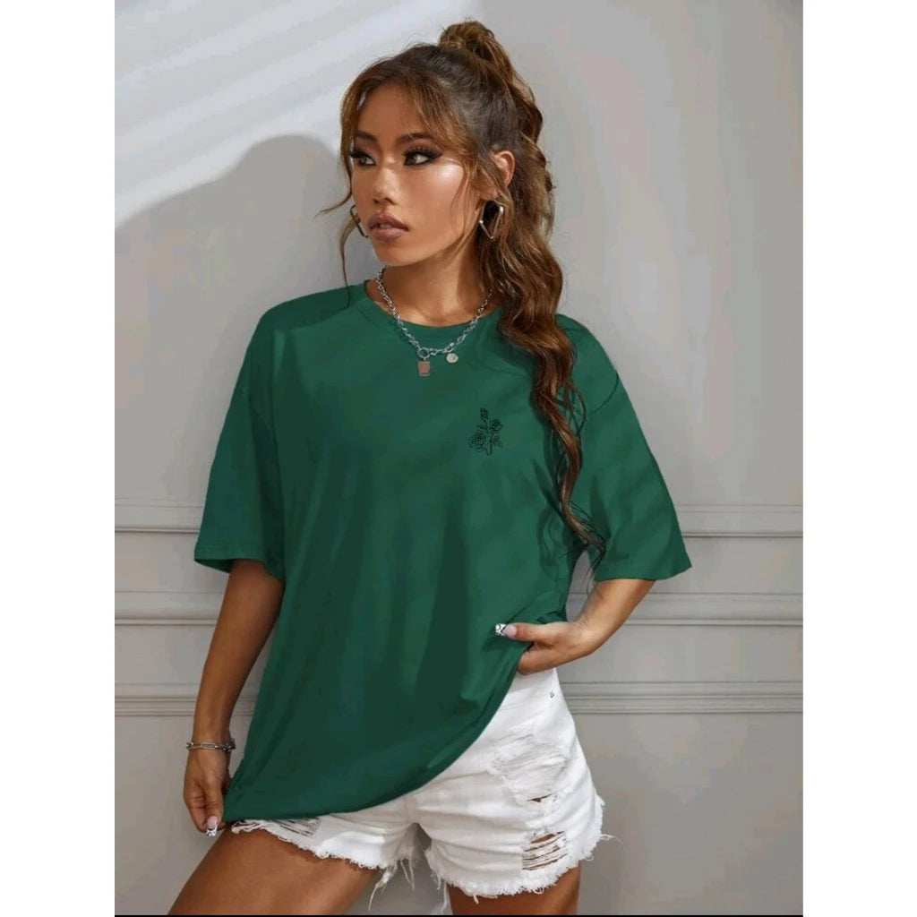 T-shirt Camiseta top Feminina ombro caído ocasional 100% algodão com FLOR estampada