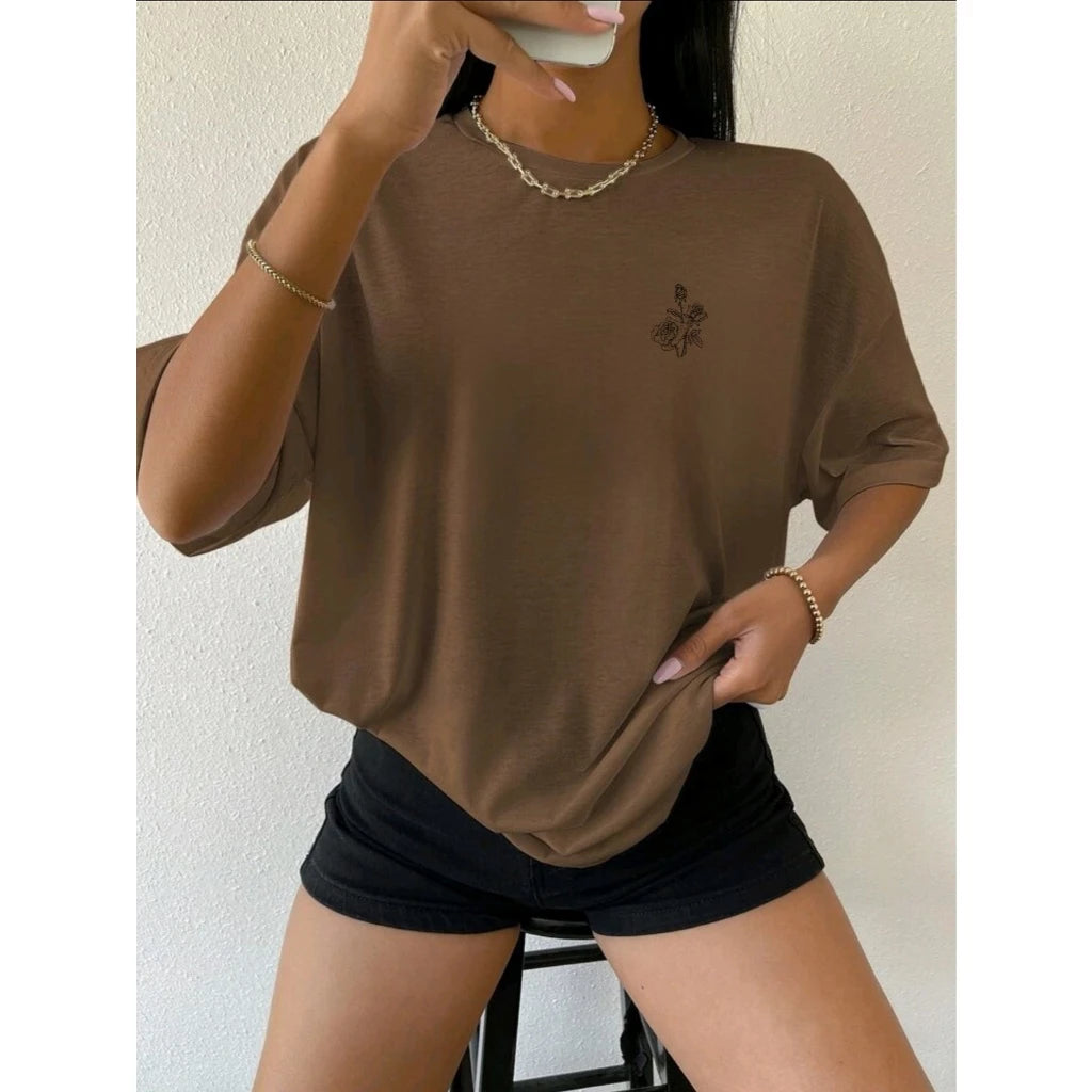 T-shirt Camiseta top Feminina ombro caído ocasional 100% algodão com FLOR estampada