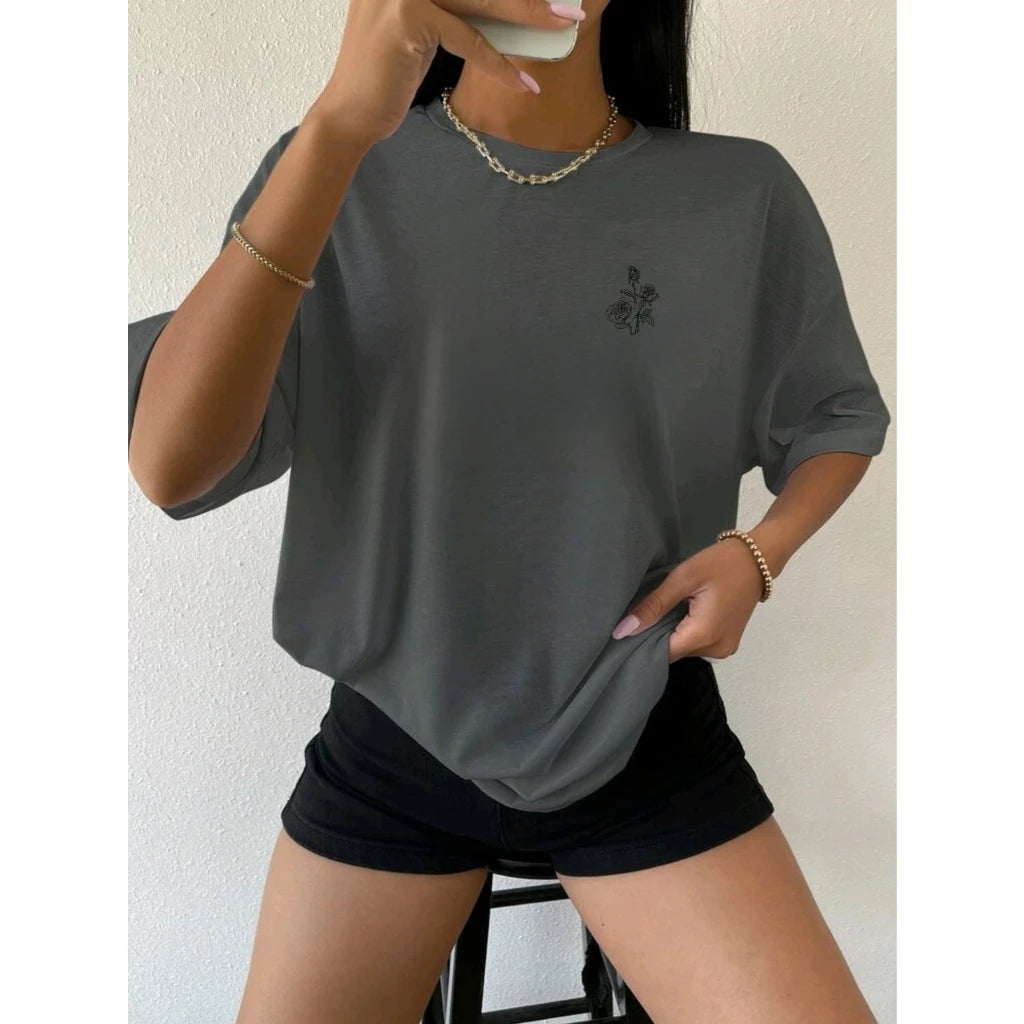 T-shirt Camiseta top Feminina ombro caído ocasional 100% algodão com FLOR estampada