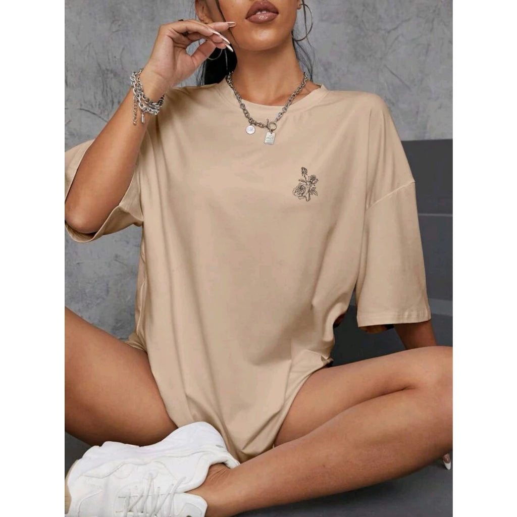 T-shirt Camiseta top Feminina ombro caído ocasional 100% algodão com FLOR estampada