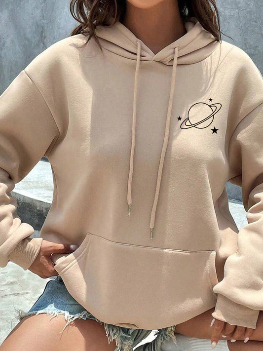 Moletom Feminino Blusa de Frio Casaco Estampado Planeta Moda Inverno Moletom Capuz Bolso Canguru