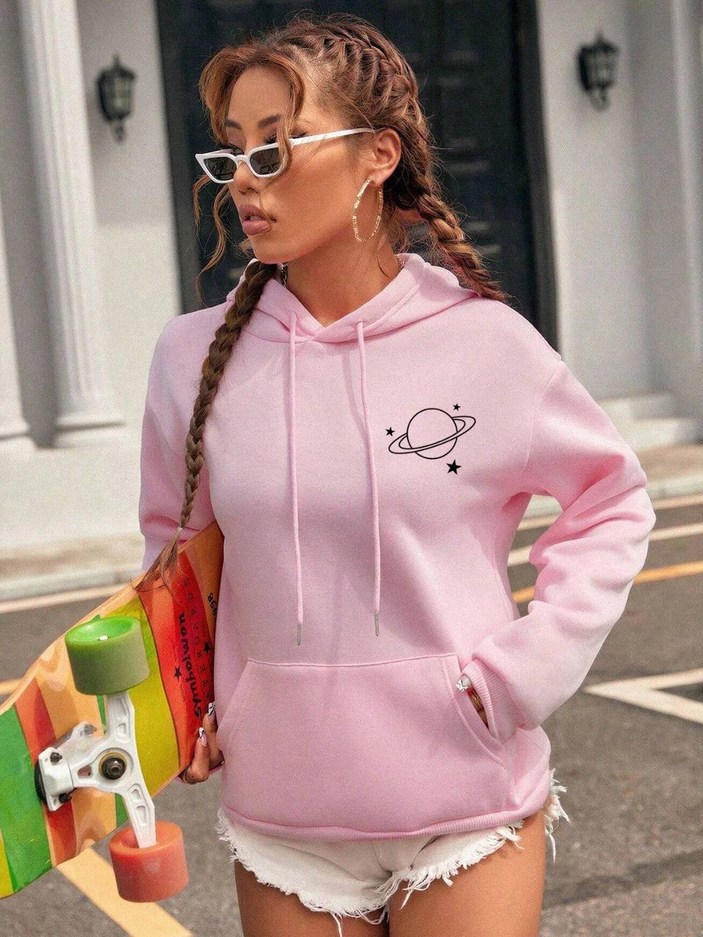 Moletom Feminino Blusa de Frio Casaco Estampado Planeta Moda Inverno Moletom Capuz Bolso Canguru