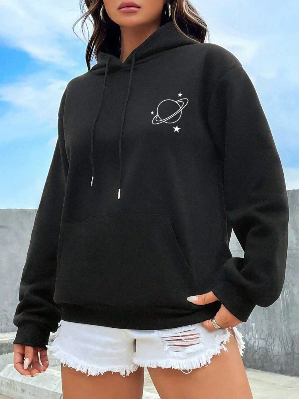 Moletom Feminino Blusa de Frio Casaco Estampado Planeta Moda Inverno Moletom Capuz Bolso Canguru