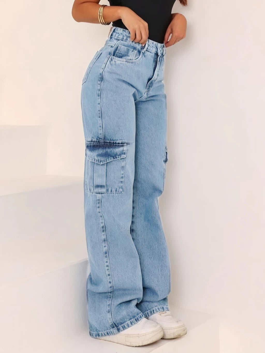 Calça Wide Leg CARGO Jeans Feminina Cintura Alta pantalona